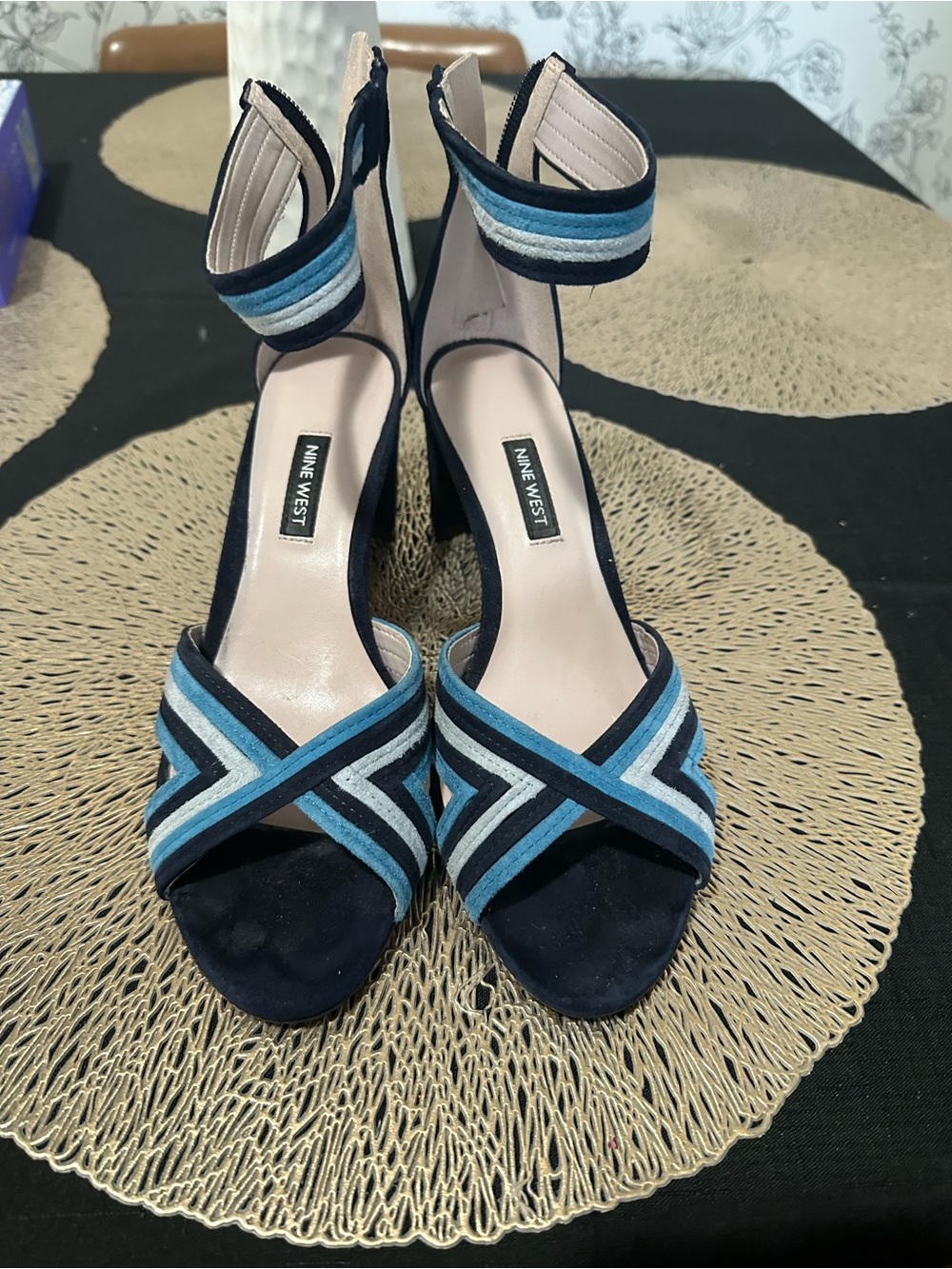 Nine West Navy and Light Blue Strappy Ankle Block Heel Sandals. Only Worn Once